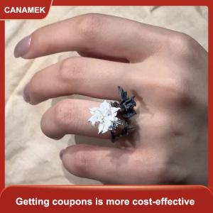 【CANAMEK 】 Mandala Flower Exquisite Black And White Ring For Women Personality Metal Punk Party Finger Ring Fashion Jewelry Accessories