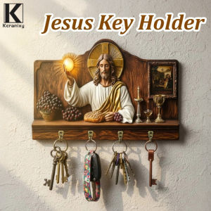 Keranixy Wooden Jesus Key Holder 4 Hooks Religious Wall Mounted Key Rack Hanger Home Catholic Decor
