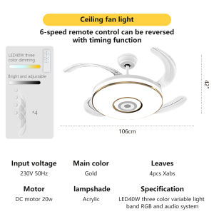พัดลมเพดาน 42 นิ้ว พัดลมไร้เสียง 6 สปีด รีโมท พลิกกลับได้/มีฟังก์ชั่นจับเวลา ไฟ led40w เปลี่ยนสีได้ 3 สี พร้อม rgb และเสียง