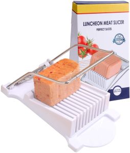 Spam Slicer Luncheon Meat Slicer Stainless Steel Durable Egg Fruit Slicer Soft Food Cheese Sushi Cutter Canned Meat Cutting Machine with 10 Wires Stainless Steel Kitchen Splitter (White)