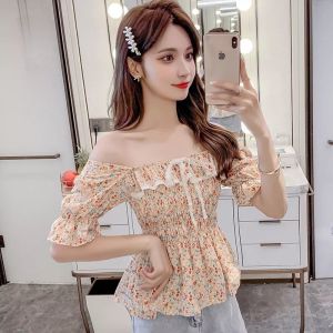 Short Sleeve Floral Blouse Women 2024 New Design Korean Style Sweet Tie Bow All-match Shirt Fashion Women Clothes Blouses for Women Styles 2024 Baju Perempuan