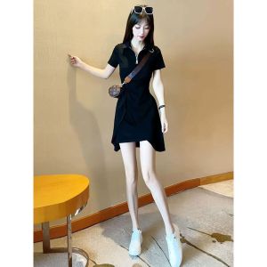 ELF TRIBE Hàn Quốc polo cổ váy có dây kéo phụ nữ Corset ngắn không đều ăn mặc giản dị hip Dresses