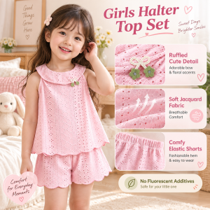 AILEBE Kids Sets Terno Halter Neck Sleeveless Top And Shorts Set With Ruffled Trim Hollow Jacquard Fabric Grade A Soft Breathable Casual OOTD Pambahay Pang Gala 1-6 Years Old For Girls