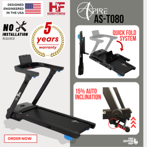 Aspire T080 Foldable Treadmill w 5 Years Warranty (LED/ Foldable/2.0HP DC Motor/Wide Running Surface/ Bluetooth)