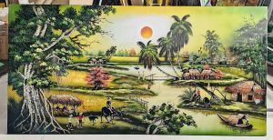 Tranh sơn mài đồng quê Thanh Bình Lê hàng xuất khẩu 80x160 cm