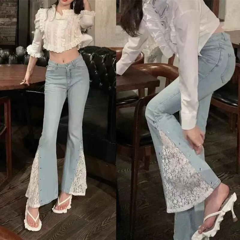 Women Flared Jeans Lace Patchwork Elastic Slim Spring Summer