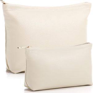 Kigeli 2 Pcs Small Makeup Bag Set for Purse PU Leather Cosmetic Bag Makeup Travel Toiletry Pouch Aesthetic Preppy Organizer Storage Pouch Gift for Teacher Mother Day Women(Beige)