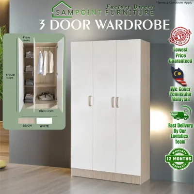 ⏰ Almari Baju 3 Pintu Terkini Murah Hurry Promo🔥DIY REQUIRED or FULL INSTALLATION/ASSEMBLY SamPoint_Modern Design 3 Door Wardrobe/BeigeWhiteColumbiaBrownGrey Colour/Quality Stylish Simple Minimalis(BilikRoom)Ready Stock