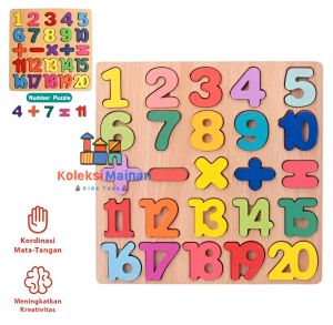 Wooden toys puzzle kayu 3D mainan edukasi anak belajar hitung angka warna warni