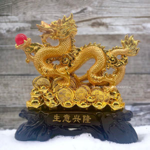 Large Size 2024 Chinese Zodiac Fortune Dragon Golden Resin Collectible Figurines Table Decor Statue