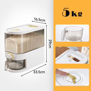 JustLiving 1PC 5/10kg Rice Storage Container Bin Kitchen Measurable Grain Cereal Dispenser Countertop Bucket Tank Grain Cereal Dispenser Food Organizer Container Automatic Rice Dispenser