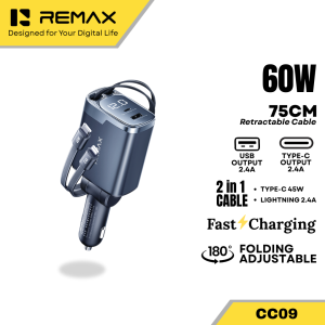 Remax CC09 Jetour 60W Built-in Type-C + Lightning Dual Retractable Cable Foldable Fast Charging Car Charger
