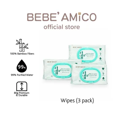 [Saver Pack] Bebe Amico Official Store Baby Pure Water Cleansing Wipes - 100% Bamboo Fibre (80pcs x 3) [Exp: Oct 2027]