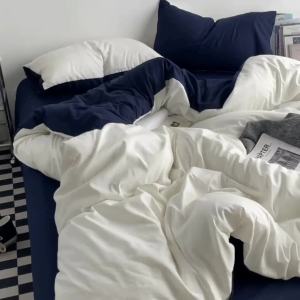 Simple Japanese Style Bedding Set Four-Piece Washed Cotton Solid Color Contrast Bed Sheet Duvet Cover Student Dormitory Single Bed Three-Piece Set LZD