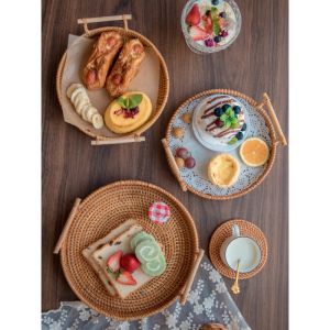 Minimalist Aesthetic Retro Natural Handmade Woven Rattan Table Breakfast Tray Food tray Round Fruit Basket with Handle