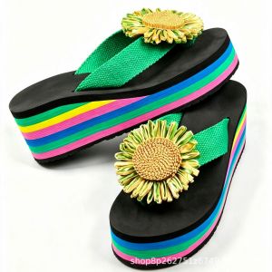 Free Shipping Rainbow Platform Wedge Sandals For Women Summer Sunflower Decoration Fashionable And Height-Increasing Slippers For Indoor And Outdoor Wear