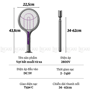 Vợt Muỗi Từ Xa - Diệt Muỗi Trên Cao Trần Nhà - Tay Cầm Dài Vươn Xa An Toàn Cho Gia Đình có Trần Nhà Cao - Vợt Muỗi Đa Năng Có Đèn Uv Thu Hút Dẫn Dụ Muỗi Bắt Muỗi Tự Động