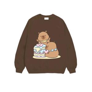Áo cổ Tròn Sweater Thích Hợp Mặc Vào Thu Đông Chất Vải Nỉ Cotton Hình CapyBara Ôm Bánh Kem Siêu Yêu Cho Bé
