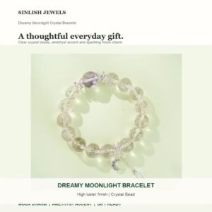 SINLISH Dreamy Moonlight Crystal Bead Bracelet Amethyst Accent Moon Charm Elegant Gift Jewelry