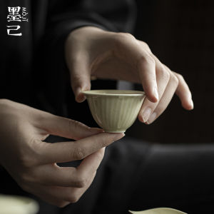 墨己仿宋绿釉条纹品茗杯功夫茶具家用单杯肌理感小茶杯陶瓷喝茶杯