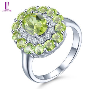 Lohaspie Jewelry Genuine 3.2 Carats 925 Real Sterling Silver Ring Green Natural Peridot Ring 925 Silver Big Gemstone Ring Peridot Birthstone For Women 925 Silver Jewelry