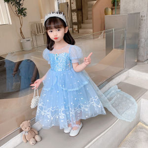 Payet Frozen Elsa Cosplay Kostum Jubah Gadis Gaun Pesta Ulang Tahun Pesta Putri Gaun +Jubah 2pcs Set