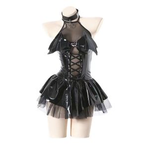 TESDFD Hở lưng Đầm dây da Gothic Halloween Đầm Punk dơi rỗng Phong cách cô gái cay Trang phục Váy Chữ A Quần áo