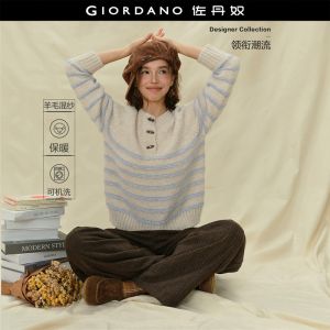 GIORDANO Women Sweaters Toggle Button Half Placket Stripe Sweaters Crewneck Fashionable Retro Casual Loose Sweaters 18355513
