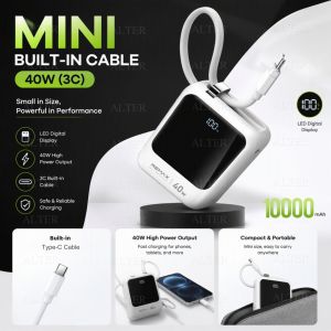 [3C] REMAX 10000mAh Mini Power Bank 40W PD Fast Charge Built-in Type-C Cable LED Display Compact Portable Travel O1PD