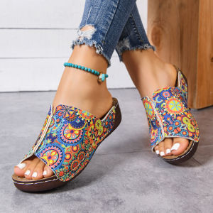 [Free Shipping] 44 Large Size 45 Ethnic Style Thick-Soled Flip-Flops For Women With A Wedge Heel And Open Toe Lightweight Beach Sandals