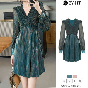 ZYHT EraVogue เดรสผู้หญิง เดรสสีชมพู สีเขียว เดรสแขนยาว เดรสทรงเอ เดรสเงา เดรสคอวี เดรสไฮโซ เดรสวินเทจ เดรสออกงาน เดรสปาร์ตี้ เดรสฝรั่งเศส 70250