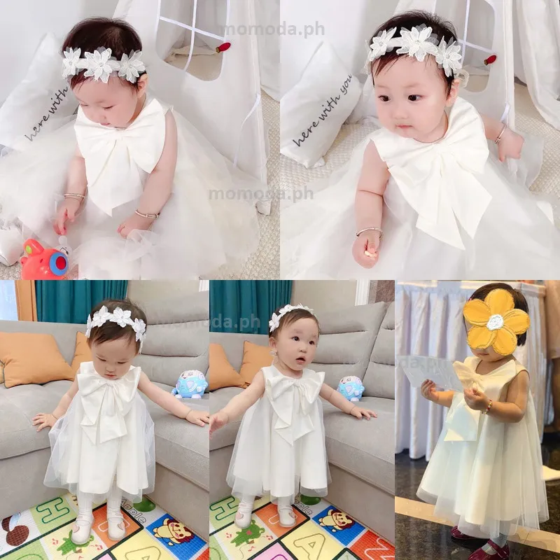 Baby Girl Dress White Baptismal Set 1 Years Old Lace Sleeveless Baptism Christening Dress headband for Kids Girl Princess Ball Gown Outfit Lazada PH