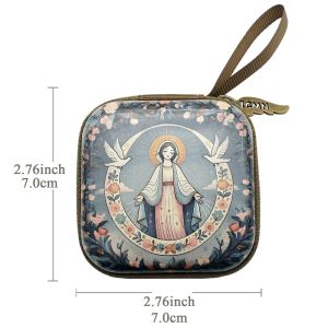 BESTOUR 7x7cm Prayer Rosary Storage Bag Virgin Mary Zippered Religious Articles Portable Cartoon Jewelry Box Devotees