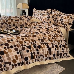 Hepburn Style Summer Ice Silk Cool Feeling Four-Piece Set Light Luxury Printed Bedding Set Bed Sheet Dormitory Three-Piece Set Machine Washable LZD