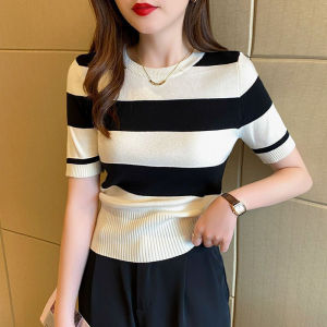 New Arrivals casual round neck striped knitted blouse for women 2024 new style