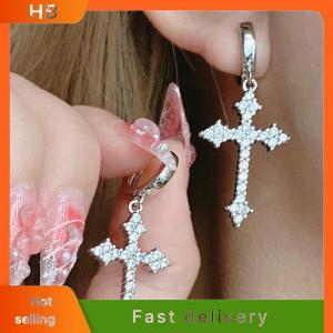 HB New Rhinestone Zircon Cross Pendant Earrings For Women Korean Fashion Drop Hoop Earrings Birthday Party Jewelry Gifts