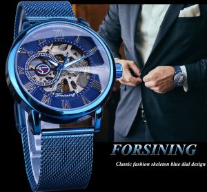 Original Forsining Mechanical Watch Blue Skull Mens Manual Winding Slim Mesh Steel Band Mens Casual Military Sports Watch. Mens Gifts