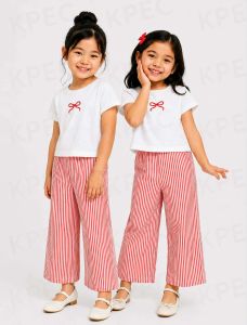 DD ..Chic Striped Cotton-Blend T-Shirt & Wide-Leg Pants Set for Girls