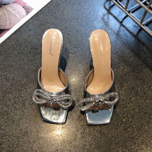 WomenS Summer New High-Heeled Sandals Large Size Thin Heel Peep-Toe Fashionable Square-Toe Rhinestone Slippers