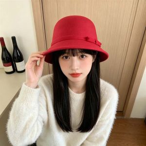 UNQIN Korean Style Winter Woolen Hat Warm Fleece Soft Felt Elegant Bucket Hat Bowknot Top Hat Round Top Retro Cloche Cap Elegant Women