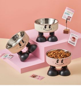 chén chống gù cổ inox và nhựa (version mỉm cười) dành cho chó mèo - T3 PETS SHOP