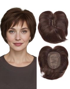 QUEENTAS Short Hair per for Women with Bangs 6.5"*6" Fluffy Hair Pieces Breathable Heat Resistant Synthetic Hair for Daily Wear 360 ° 3D Cover Up (Black Mixed Grey)