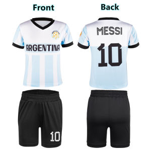 Messi Soccer Jersey for Kids Boys Football Uniform Popular Girls Soccer Attire Costume Children Football Outfit T-shirts and Shorts Argentina 6-12 years old