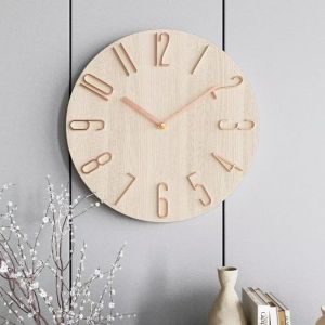 OKDEALS01 12inch Wall Hanging Clock No Second Hand Quartz Movement Scale Clock Nordic Fashion Round Shape Wood Clock Living Room