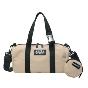 Sporty Barrel Handbag with Logo Patch and Removable Accessory Pouch