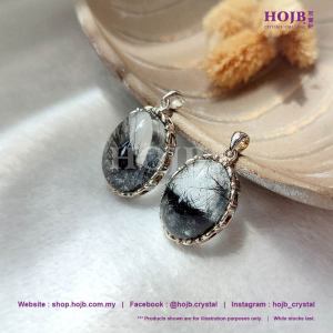 HOJB High Grade Black Rutilated Quartz 6A Oval S925 Silver Pendant 24-25mm 6A S925 24-25mm