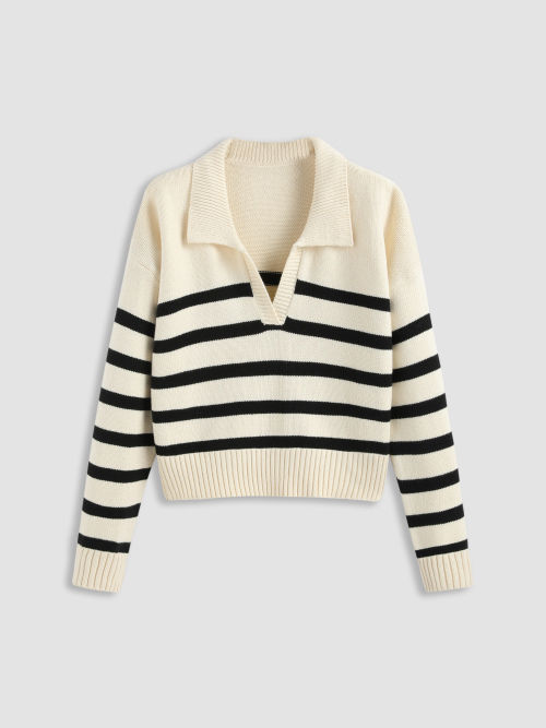 Cider Cider KPOP Stripe Collar Knit Polo Top เสื้อโปโลแขนยาวผู้หญิง