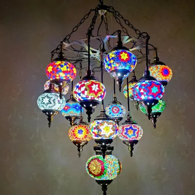 16 Heads Mediterranean Turkey Chandelier Vintage Handmade Glass Bohemian Pendant Lamp for Restaurant Cafe Hotel Home Decoration