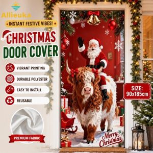 Allieuka Christmas Door Curtain Reusable Fabric Door Banner Santa Elk Snowflake Party Photo Backdrop