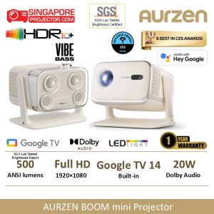 AURZEN Boom Mini Smart Projector | Google TV 14 | Full HD 1080p (1920×1080) | 500 ANSI Lumens | 20W Dolby Audio